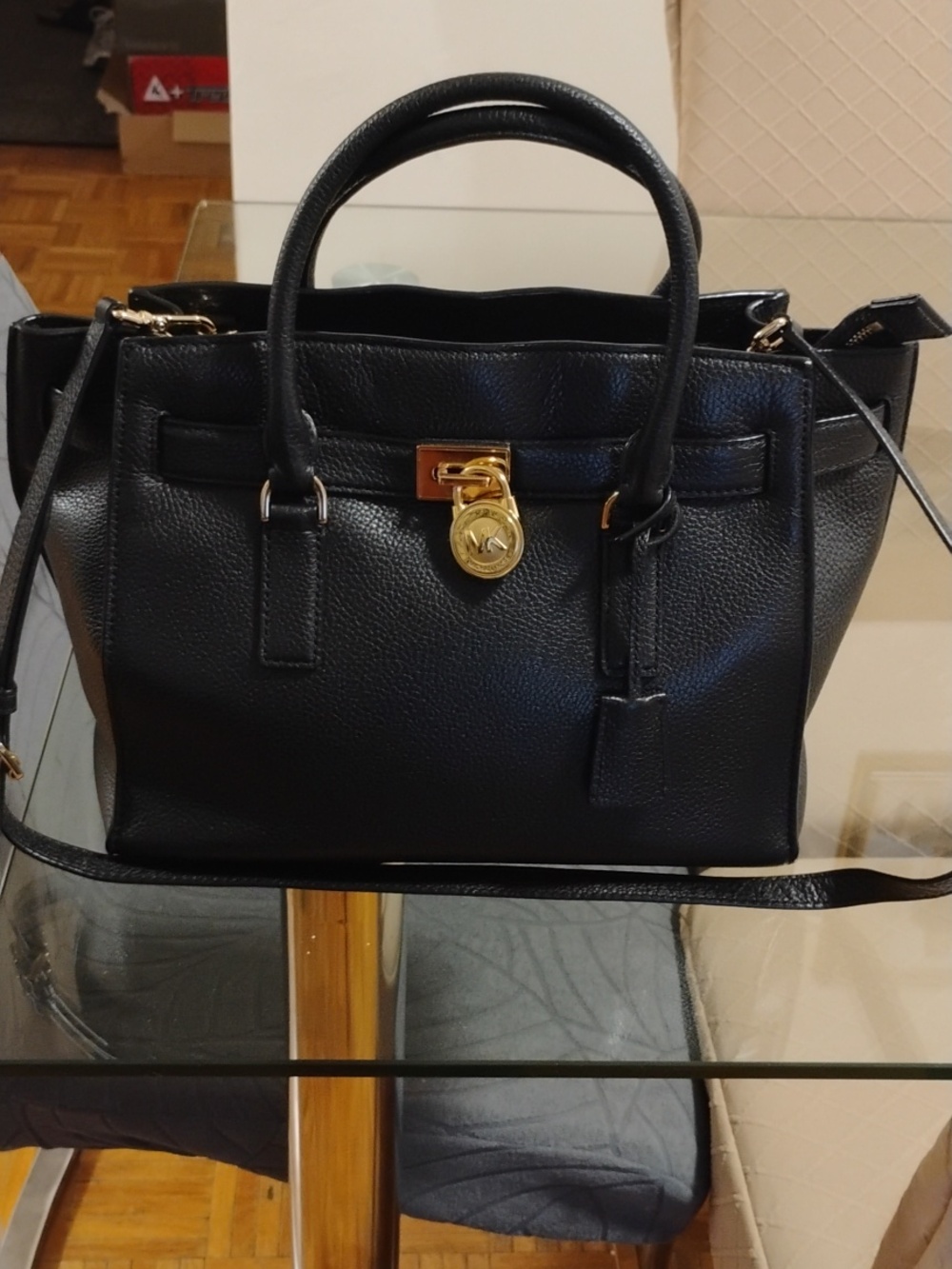 Michael Kors Black Leather Satchel with Gold Hardware